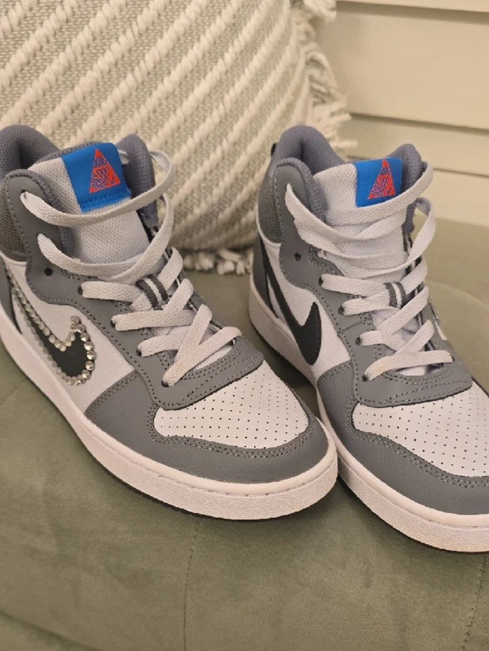 Nike Youth Gray and Black High-Top Sneakers with Rhinestone Swoosh